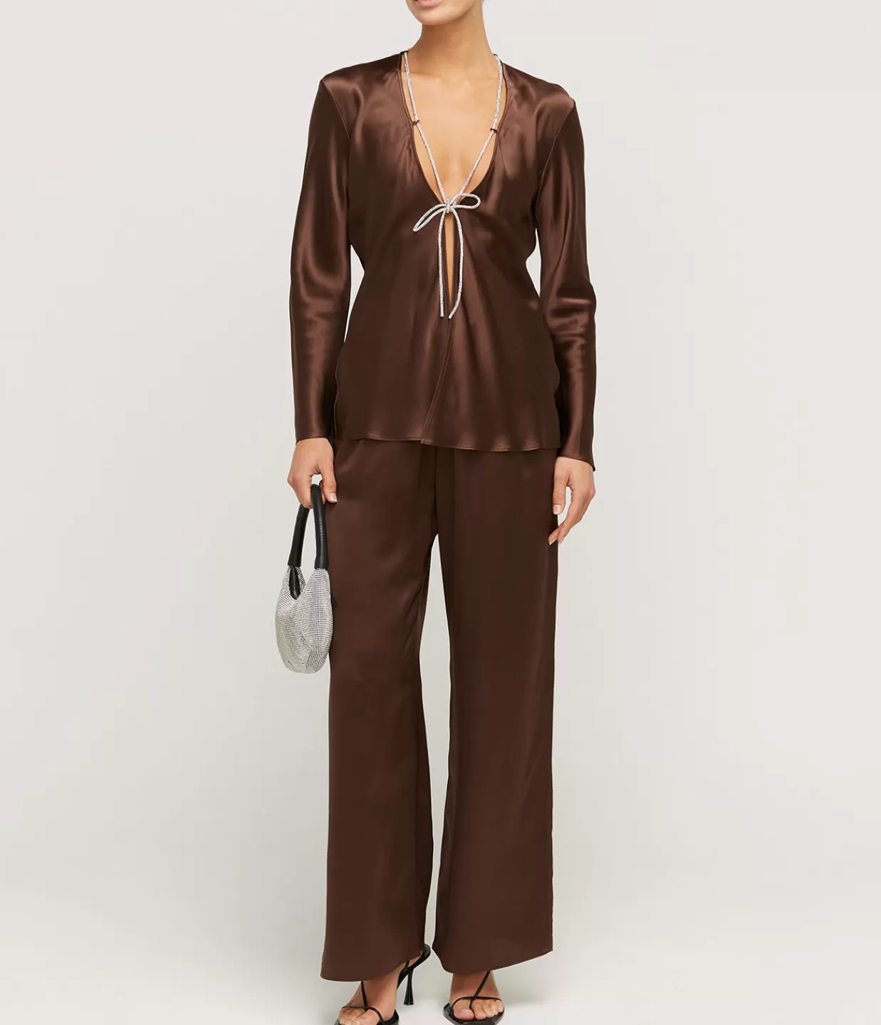 Discount Bias Silk Satin Lounge Shirt In Brown Tops