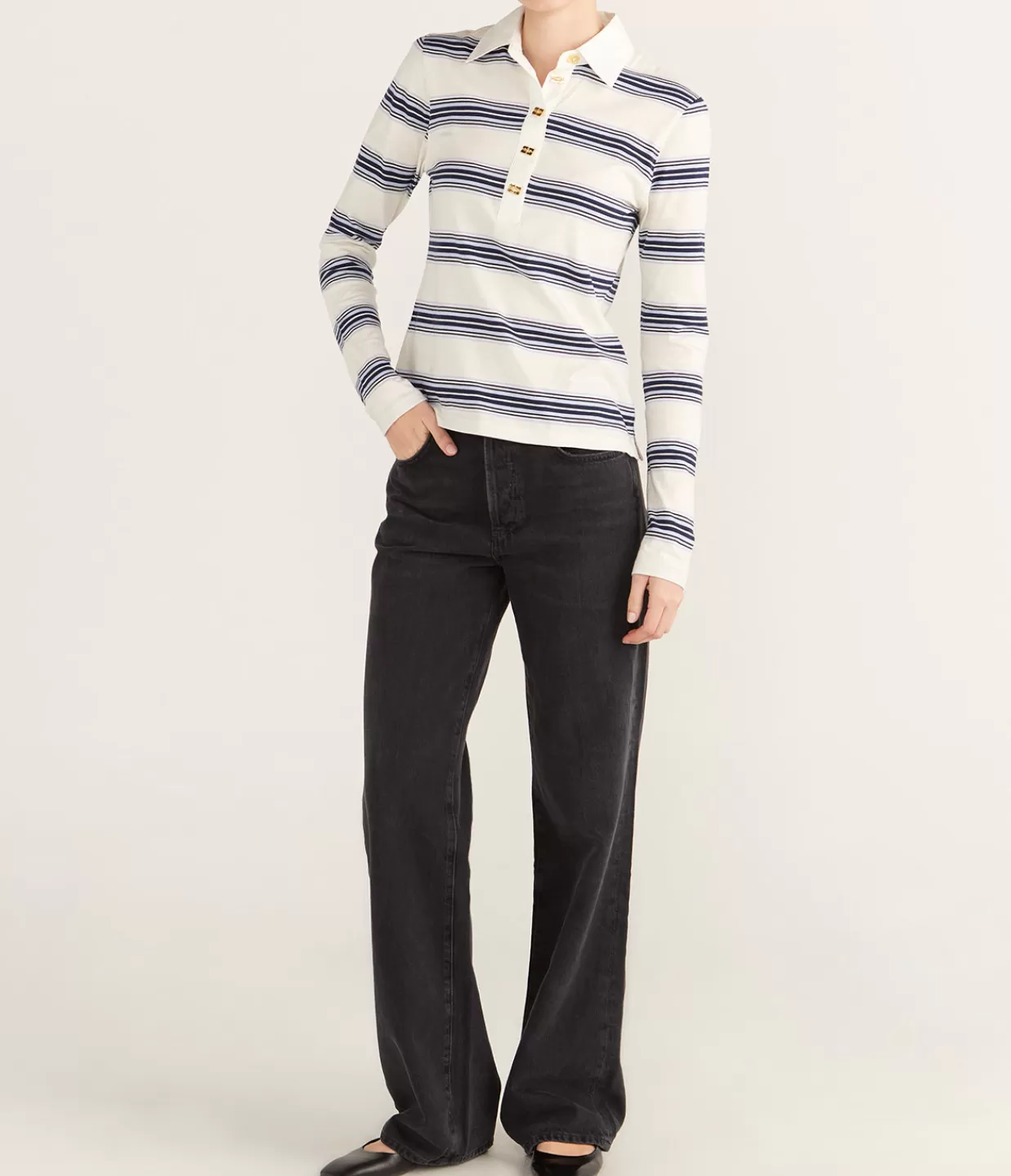 Cheap Blue Striped Long Sleeve Polo Tops