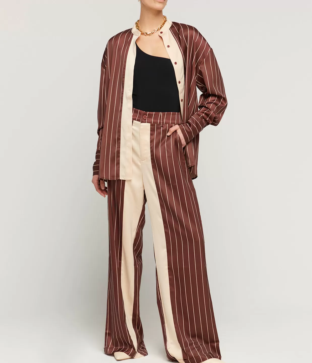 Outlet Bordeaux Silk Stripe Shirt In Cocoa And Ecru Tops