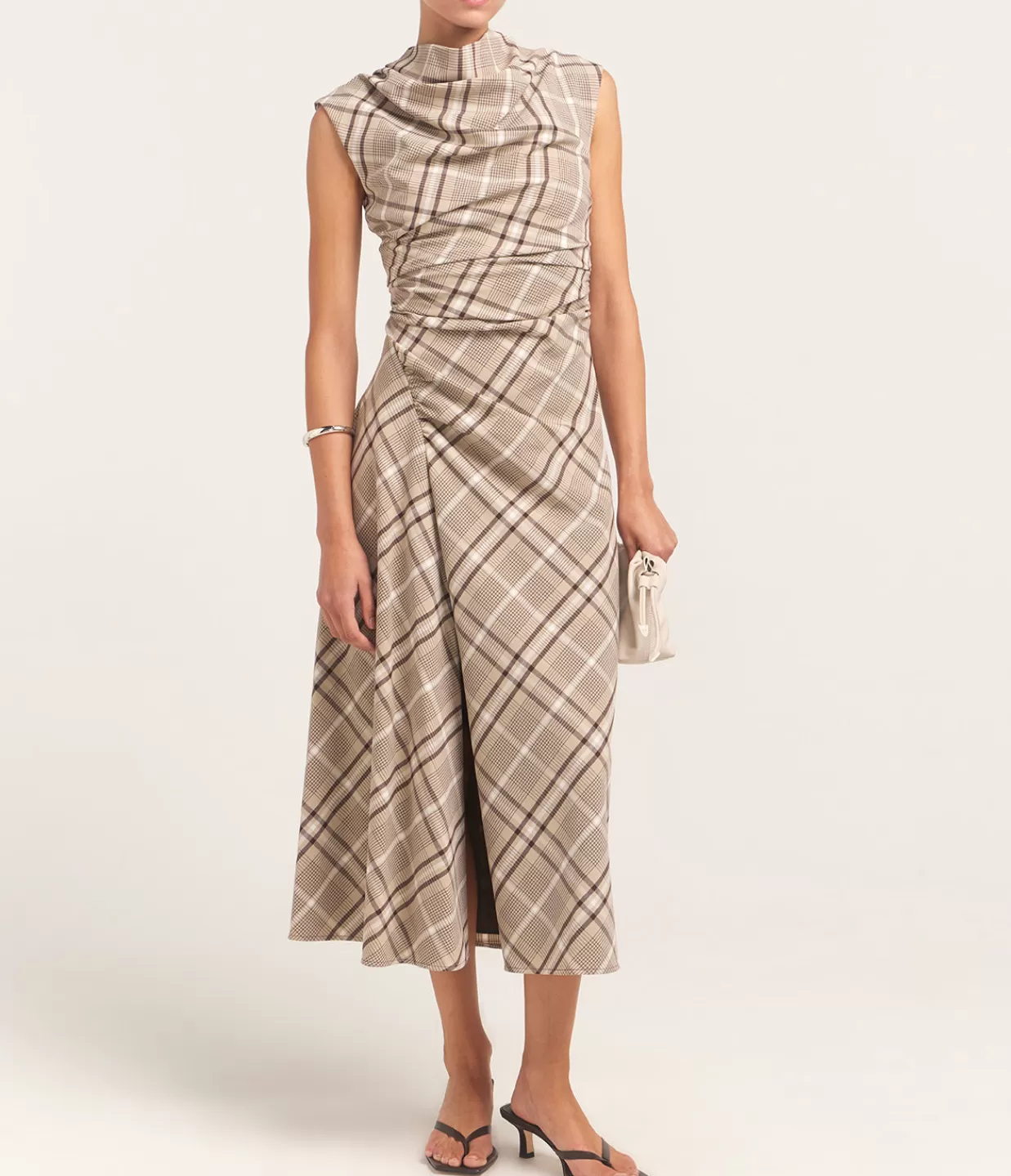 Outlet Burke Short Sleeve Draped Midi Dress In Sand Plaid Dresses