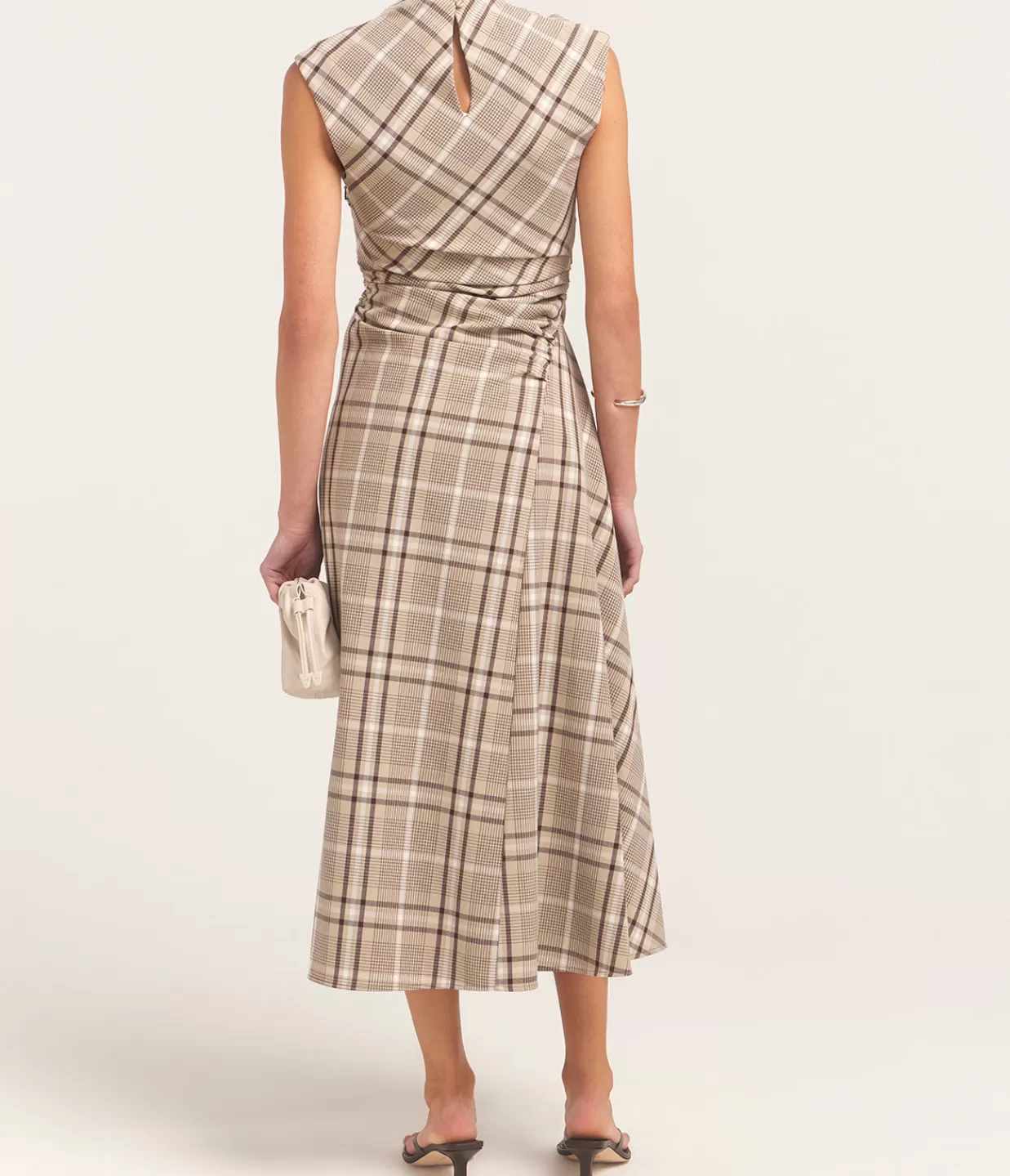 Outlet Burke Short Sleeve Draped Midi Dress In Sand Plaid Dresses