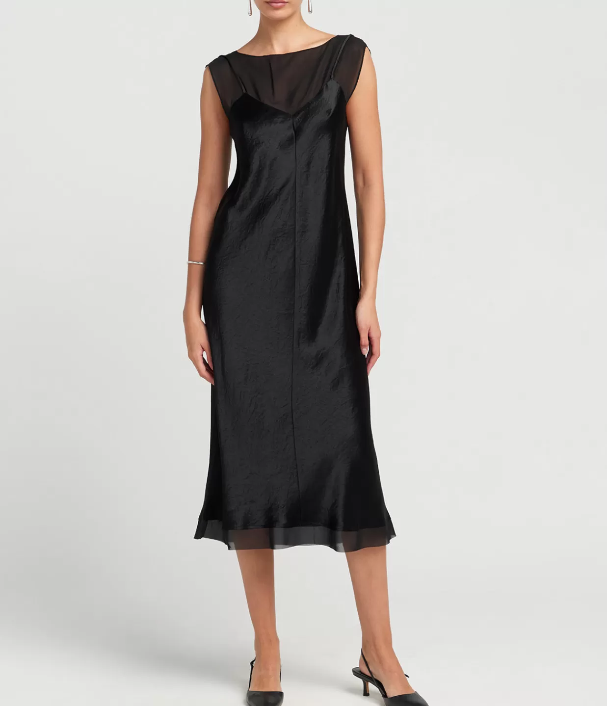 Shop Chiffon Layered Slip Midi Dress In Black Dresses