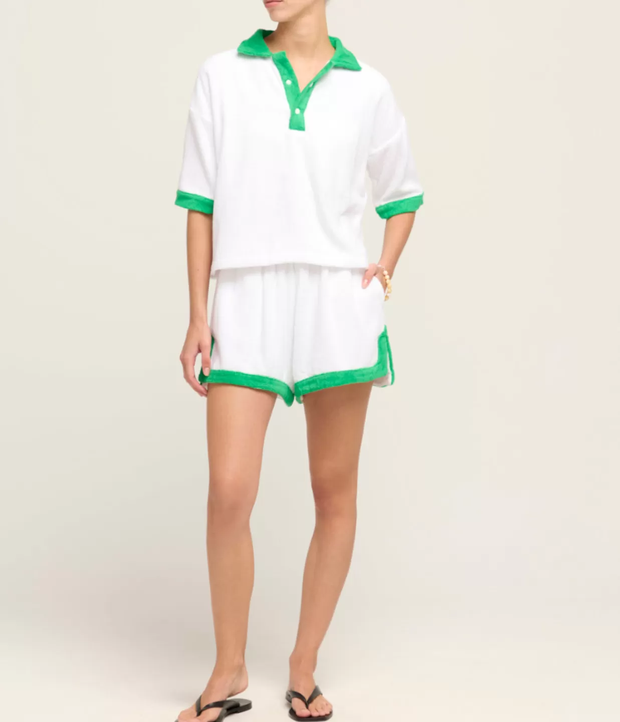 Discount Estate Towelling Short In Bianco With Verde Trim Shorts