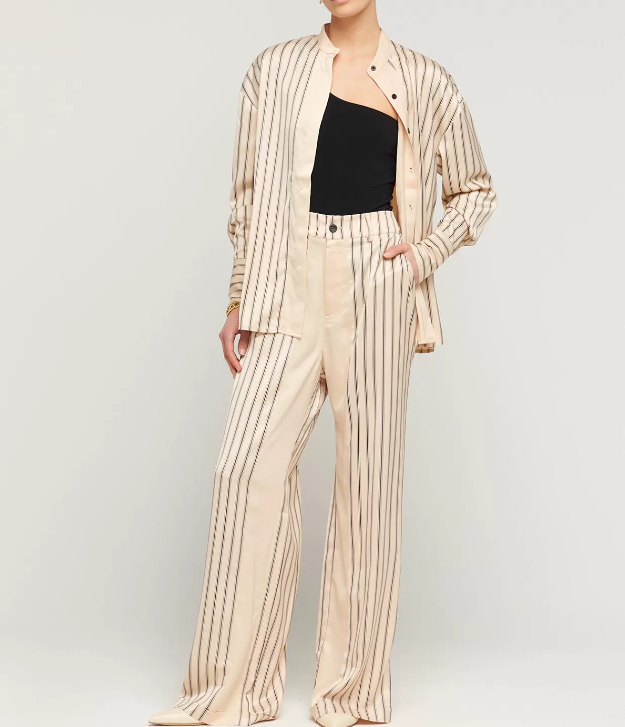 Best Gio Thin Triple Stripe Silk Shirt In Black And Ecru Tops