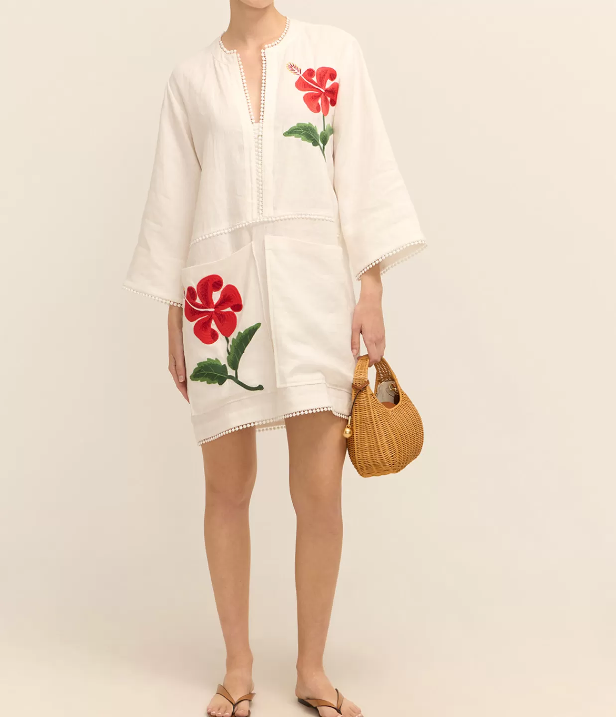 Flash Sale Hibiscus Embroidered Tunic Dress In Antique White Dresses