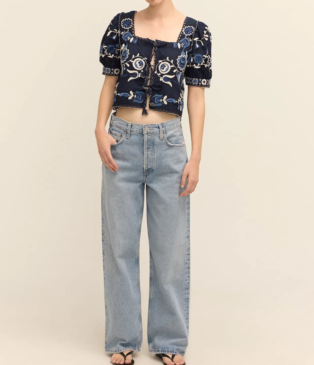 Store Inga Embroidery Puff Sleeve Top In Navy Tops