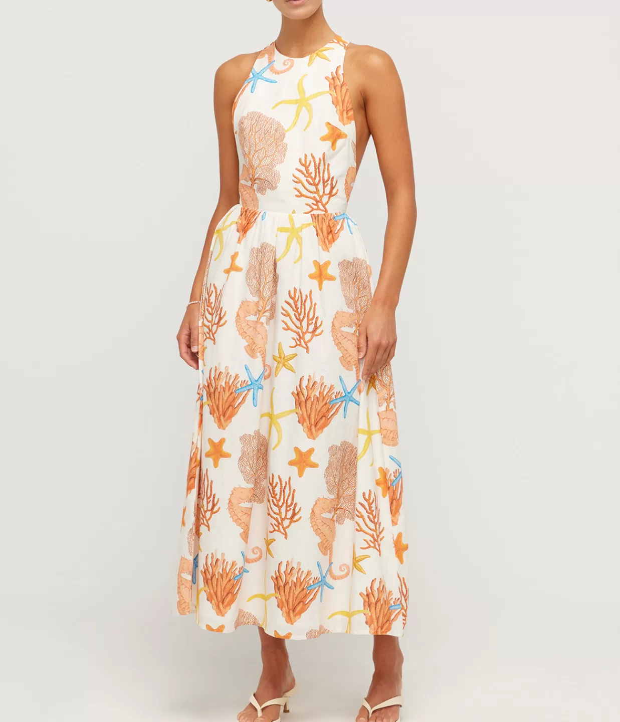 New Meridian High Neck Poplin Dress In Coral Dresses
