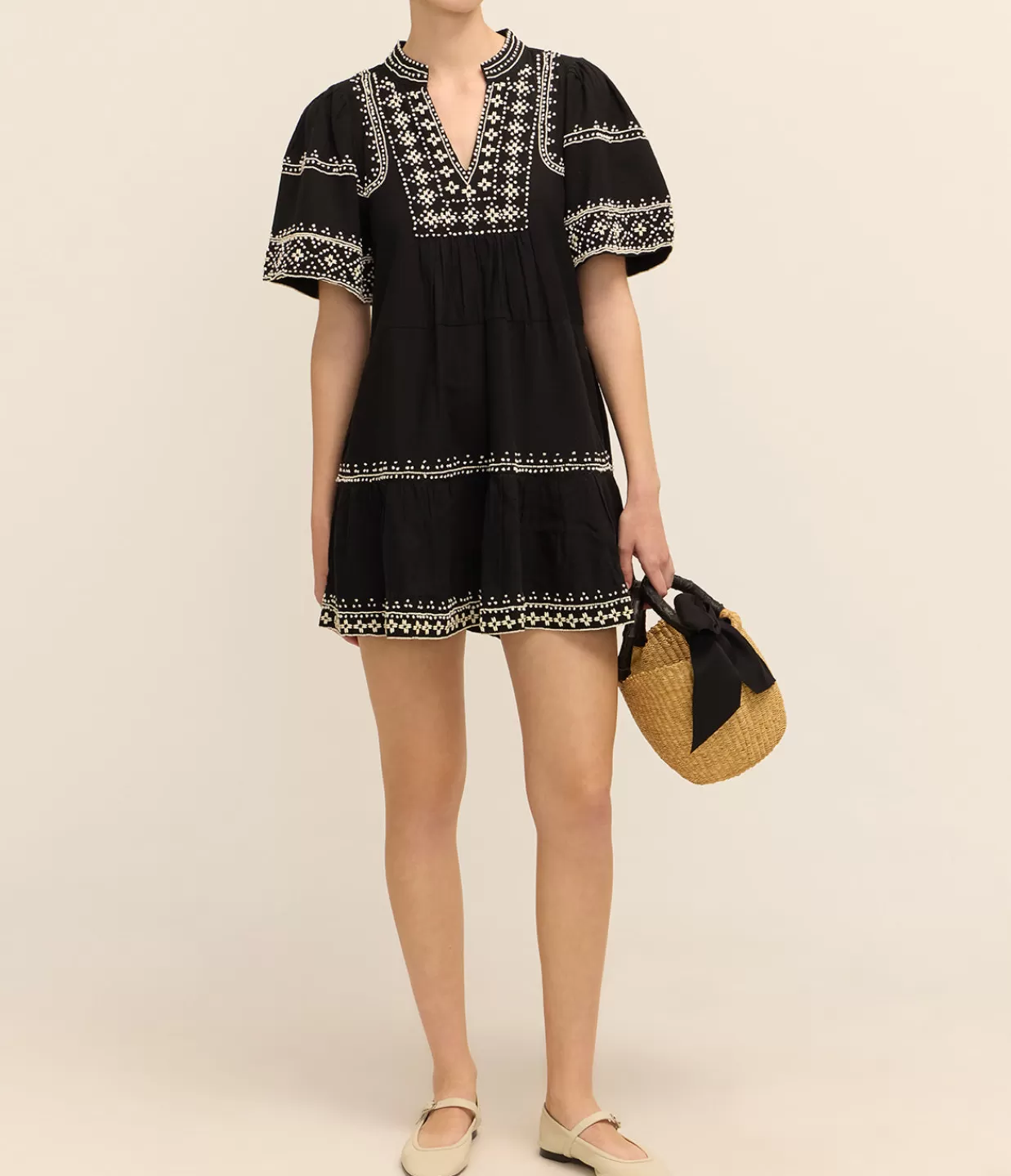 Hot Millie Embroidery Short Sleeve Tunic Dress In Black Dresses