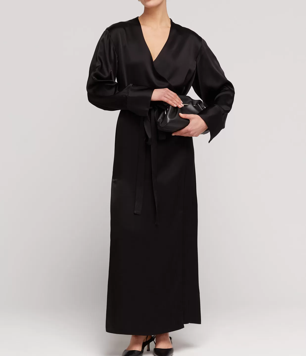 Cheap Mono Double Satin Wrap Dress In Black Dresses