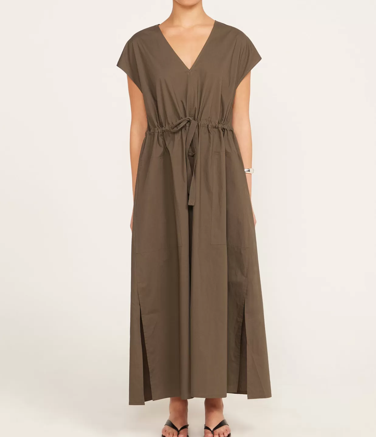 Hot Poplin V Neck Dress In Olive Dresses