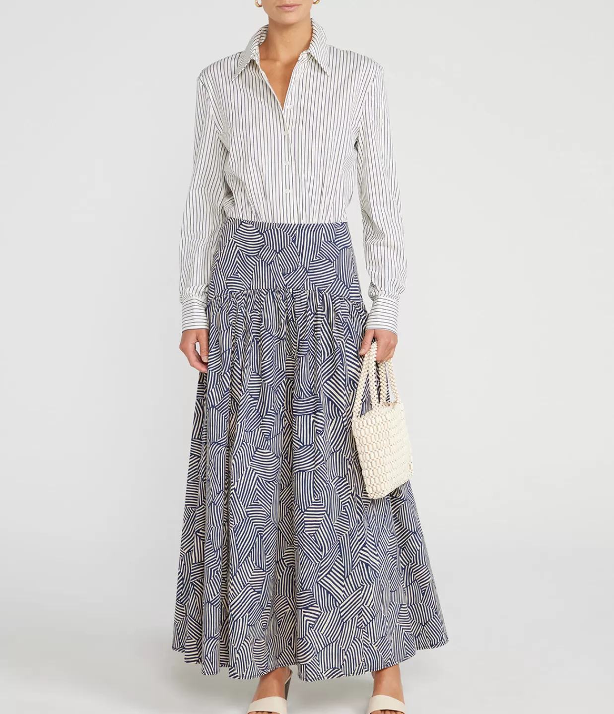 Cheap Rocco Long Sleeve Dress In Ivory Micro Stripe And Navy Mosaic Dresses