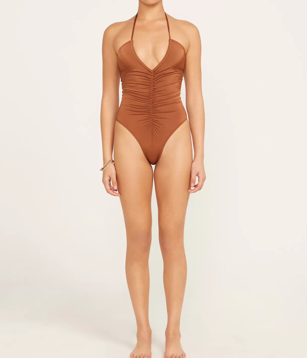 Cheap Ruched Vacation One Piece In Maple Swim & Resortwear