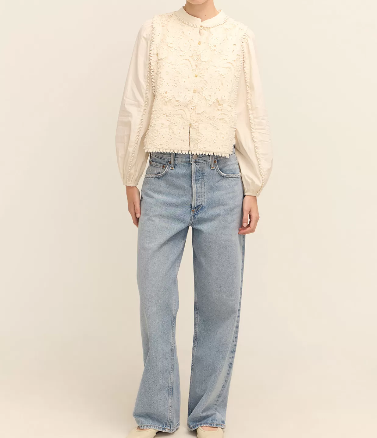 Sale Sabine Embroidery Long Sleeve Top In Cream Tops