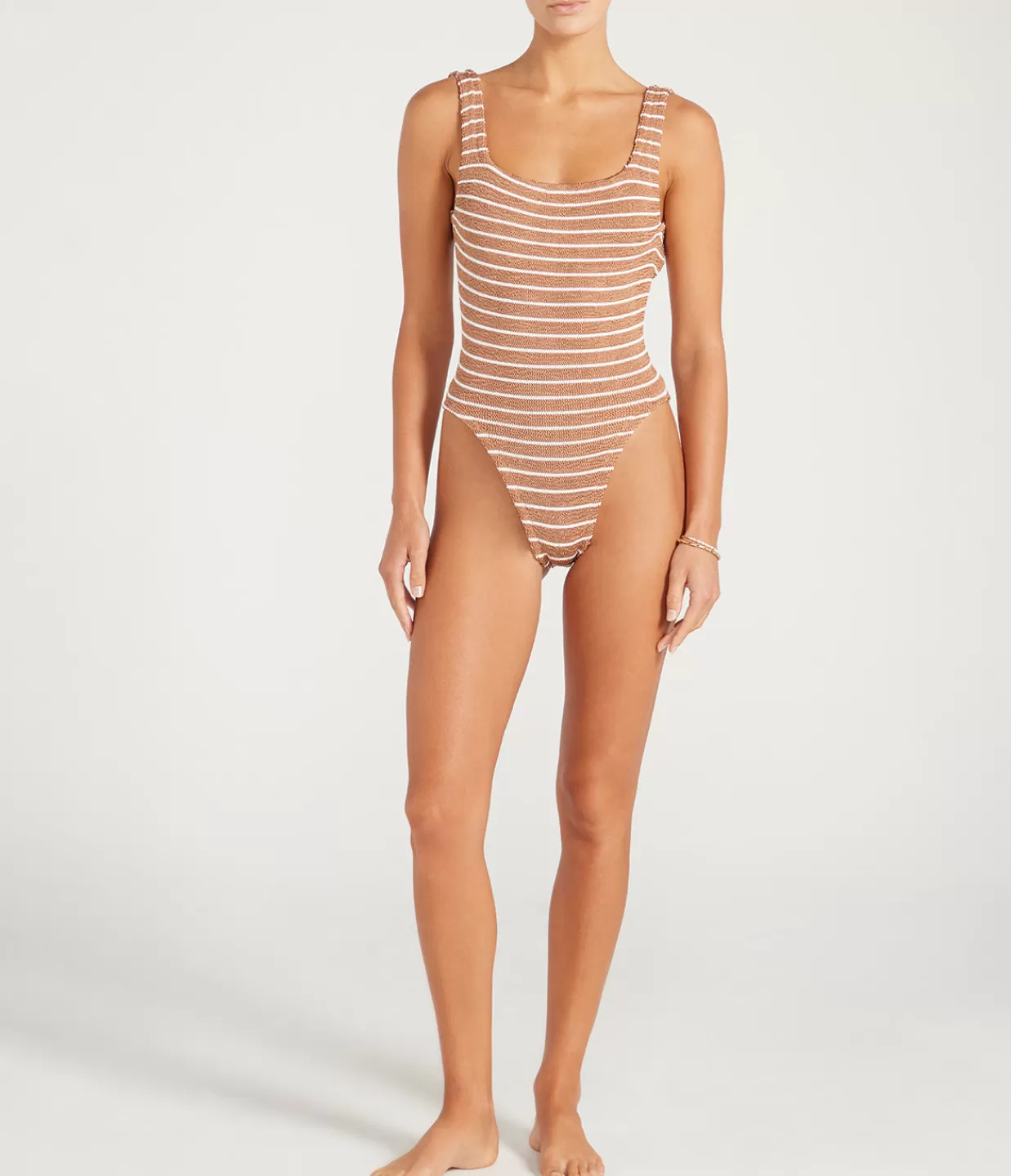 Online Square Neck Striped Swimsuit In Metallic Cocoa And White Swim & Resortwear