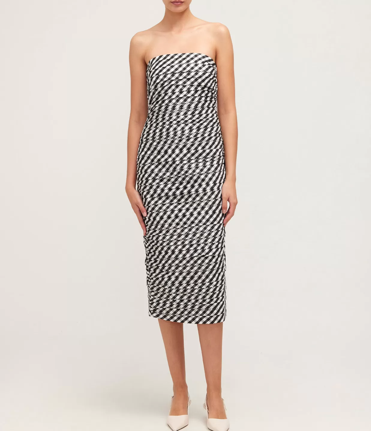 Sale Tia Fitted Strapless Midi Dress In Black Gingham Dresses