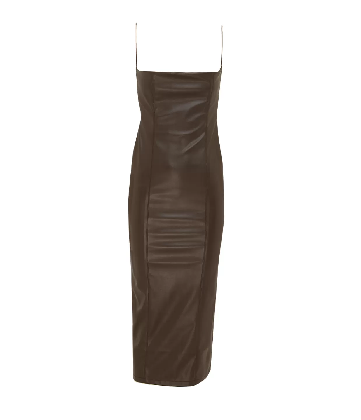 Cheap Vegan Leather Open Back Midi Dress In Dark Brown Dresses