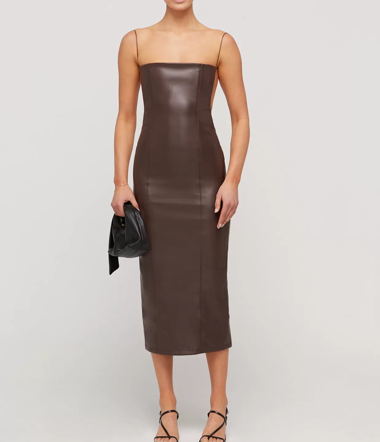 Cheap Vegan Leather Open Back Midi Dress In Dark Brown Dresses